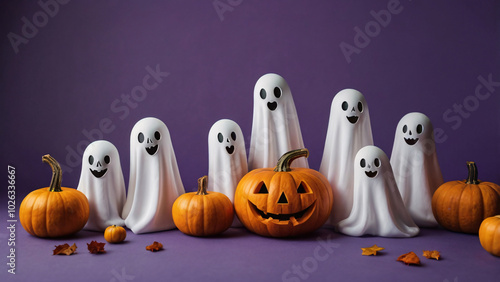 Halloween pumpkin lantern. White ghost on pastel violet clear studio background. Minimal scary Halloween concept. Halloween Ghost Costume