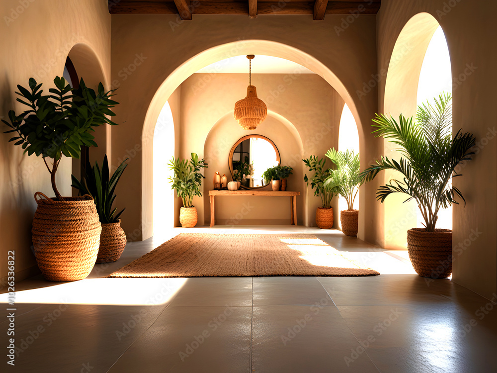 Boho Mediterranean Interior Design of Modern Home Entryway with Arched Walls Boho Mediterranean Interior Design of Modern Home Entryway with Arched Walls