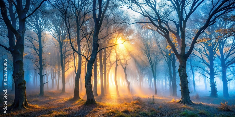 mystical forest scene with fog and bare trees casting ethereal glow mystical forest scene with fog and bare trees casting ethereal glow