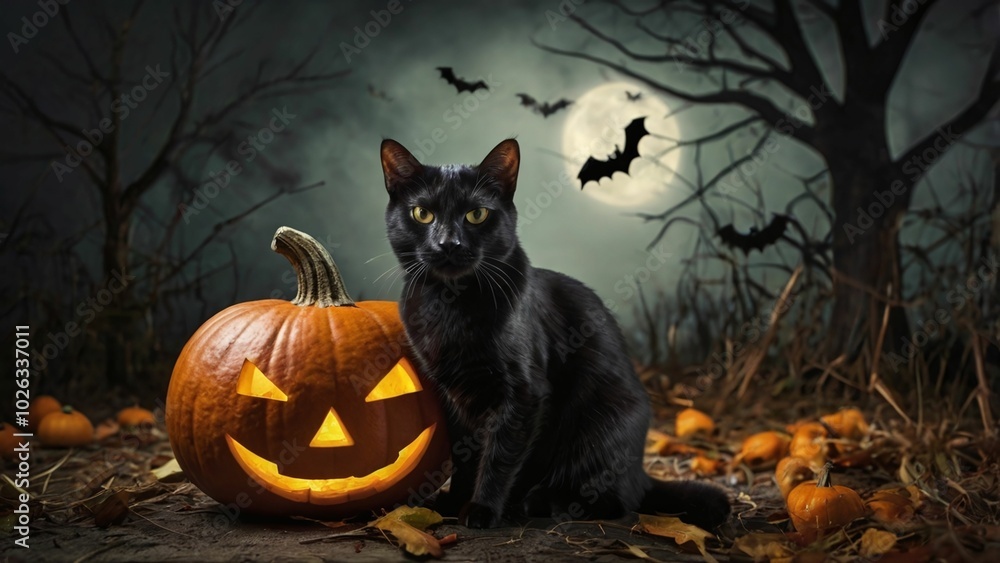 Black cat in autumn forest with pumpkin. Halloween jack o lanterns black cat beside. Halloween background Black cat in autumn forest with pumpkin. Halloween jack o lanterns black cat beside. Halloween background