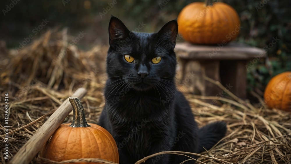 Black cat in autumn forest with pumpkin. Halloween jack o lanterns black cat beside. Halloween background Black cat in autumn forest with pumpkin. Halloween jack o lanterns black cat beside. Halloween background