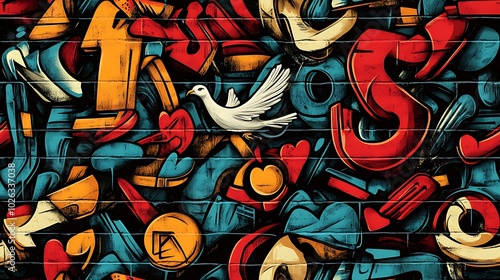 Wallpaper Mural Graffiti pattern with colorful hearts, peace signs, and doves, intertwined with vibrant neon colors and abstract brushstrokes, layered on a textured urban wall, Torontodigital.ca