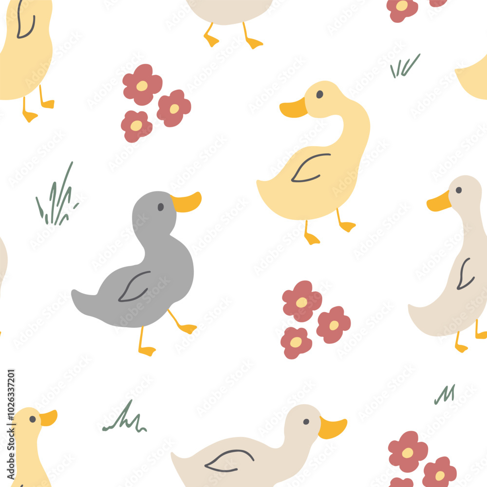 Cute Cartoon Duck Seamless Pattern, Vector Illustration Background Cute Cartoon Duck Seamless Pattern, Vector Illustration Background