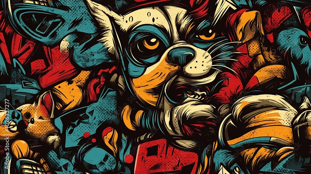 Obraz premium Graffiti pattern with curious cats, street-smart dogs, and colorful pigeons, intertwined with bright neon colors and abstract brushstrokes, layered on a textured urban wall,