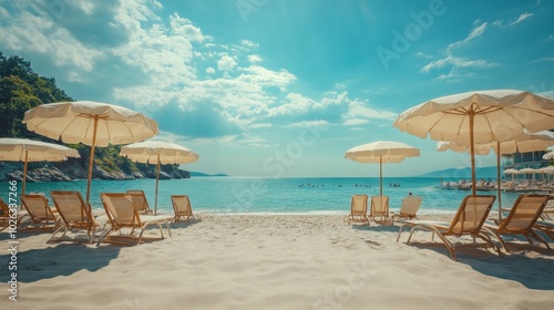 A beach with many umbrellas and chairs