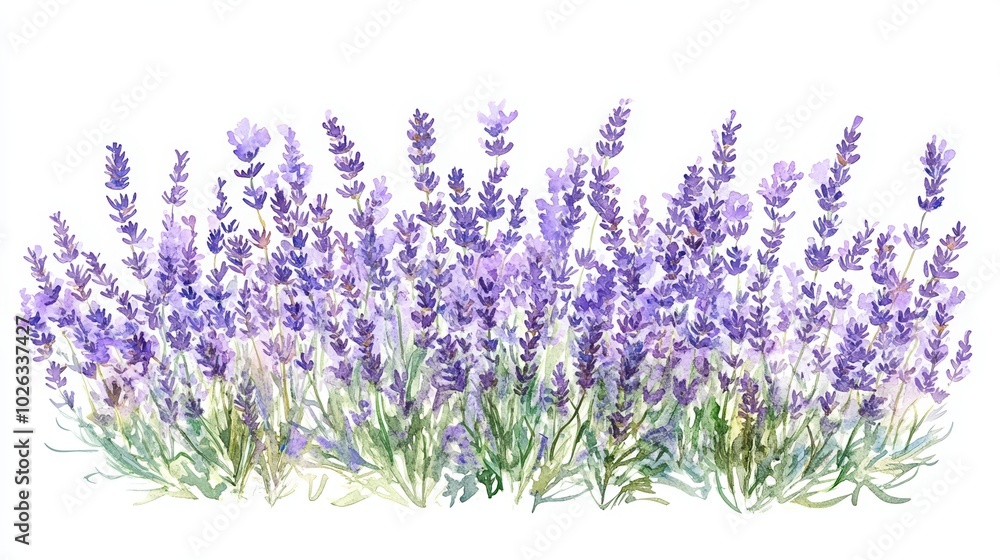 Naklejka premium A beautiful lavender flower field, showcasing vibrant purple blooms and soft green foliage, perfect for relaxation and tranquility.