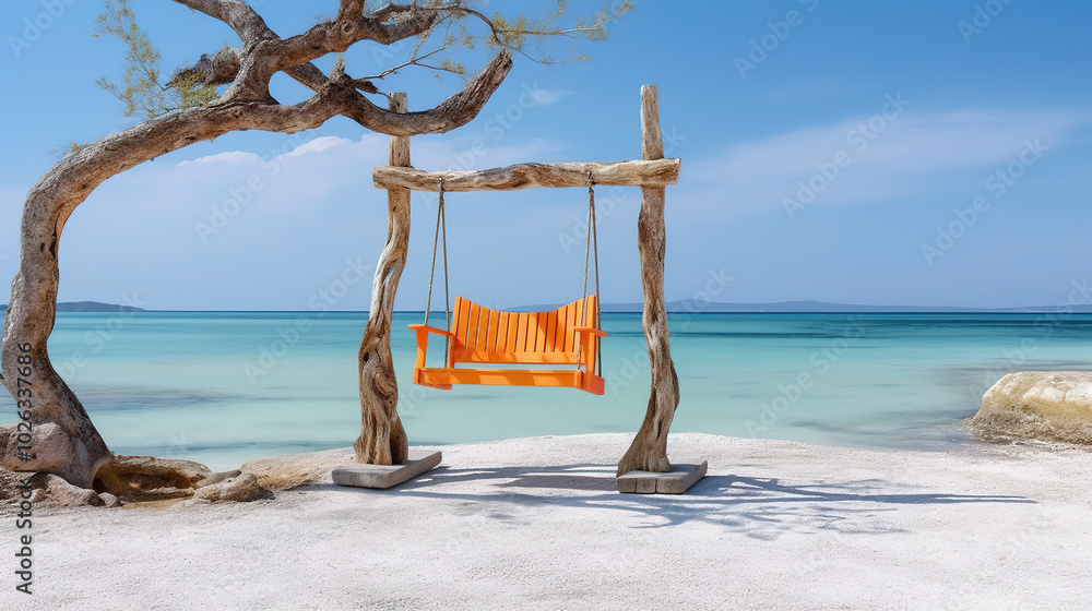 Tranquil Escape A Wooden Swing Gently Swaying by the Seaside Tranquil Escape A Wooden Swing Gently Swaying by the Seaside