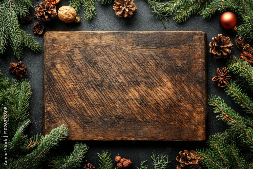 Wooden cutting board with Christmas composition, fir tree branches and Christmas decorations on dark background, top view, copy space.