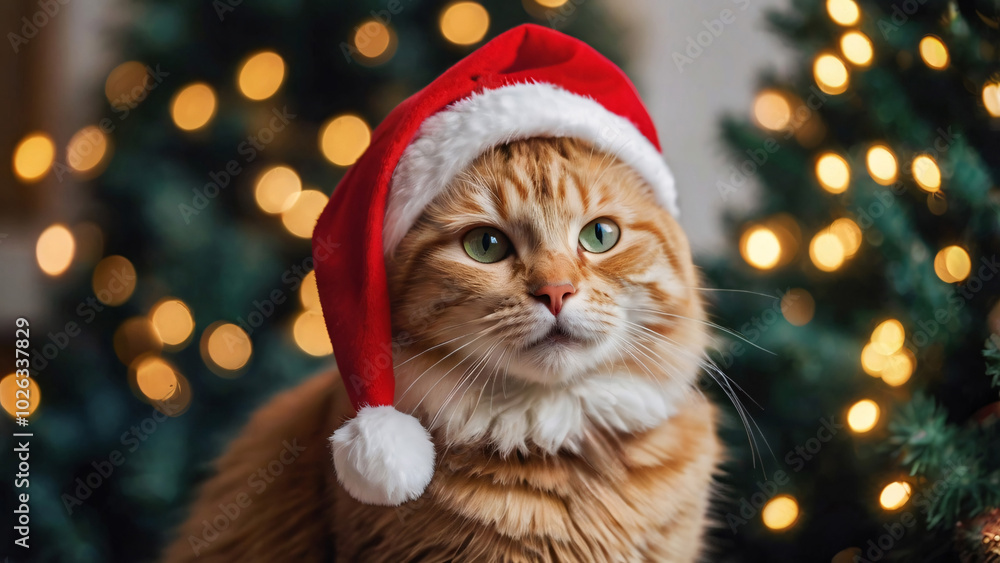 Cat in Santa Claus hat. Cat in Santa hat on blurred Christmas tree decorated home background with copy space. Modern concept for celebrating Christmas and New Year Cat in Santa Claus hat. Cat in Santa hat on blurred Christmas tree decorated home background with copy space. Modern concept for celebrating Christmas and New Year