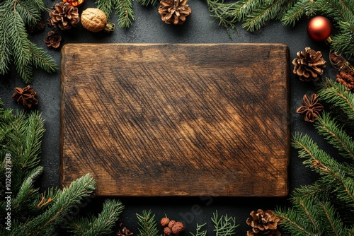 Obraz na płótnie Wooden cutting board with Christmas composition, fir tree branches and Christmas decorations on dark background, top view, copy space. w salonie
