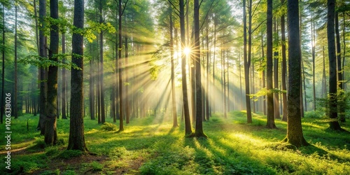 Quiet forest mourning with sunlight filtering through the trees
