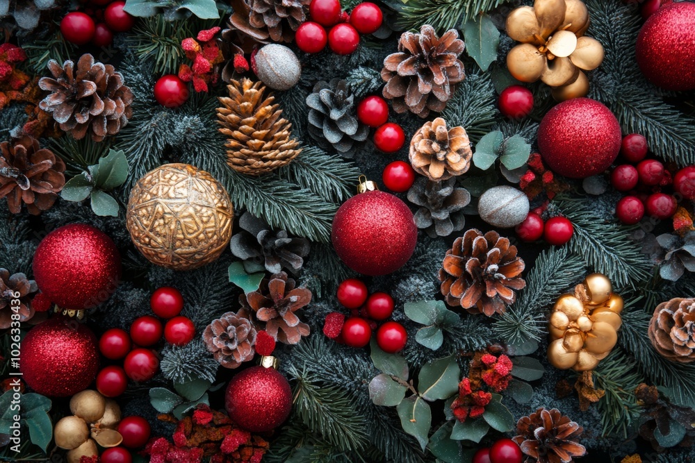 Christmas decor background. Flat lay, top view Christmas decor background. Flat lay, top view
