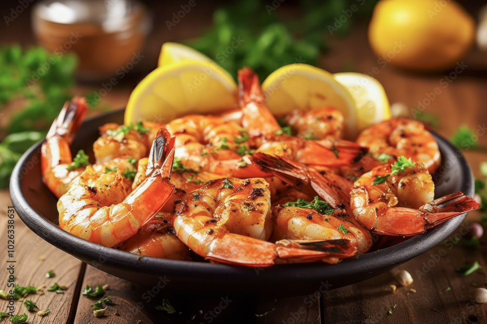 rilled shrimp garnished with parsley and lemon slices rilled shrimp garnished with parsley and lemon slices