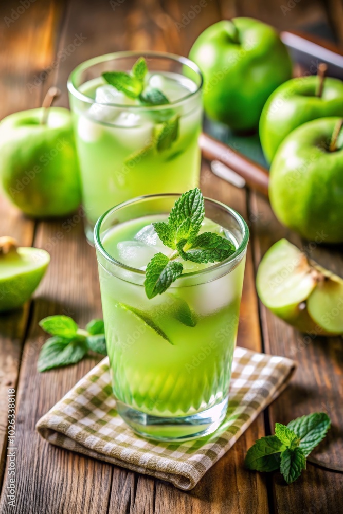 Refreshingly minty green apple lemonade served in glass Refreshingly minty green apple lemonade served in glass
