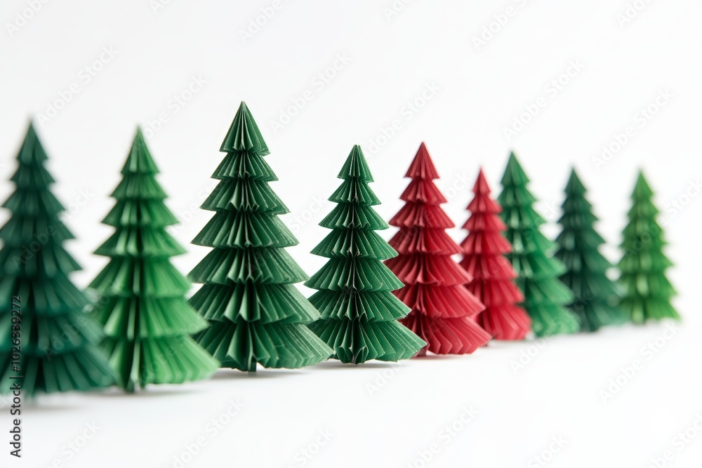A row of paper Christmas trees isolated on white background A row of paper Christmas trees isolated on white background