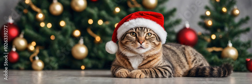 Cat in Santa Claus hat. Cat in Santa hat on blurred Christmas tree decorated home background with copy space. Modern concept for celebrating Christmas and New Year. Banner