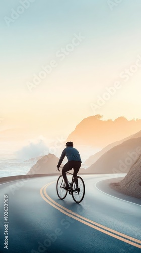 A cyclist riding along a coastal road, waves crashing against rocks below, [travel landscape experience],