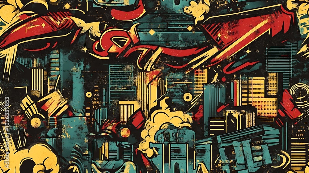 Obraz premium Graffiti-inspired pattern featuring city skylines, cars, and abstract road symbols, surrounded by vibrant brushstrokes and glowing neon lights, spray-painted on a distressed wall,