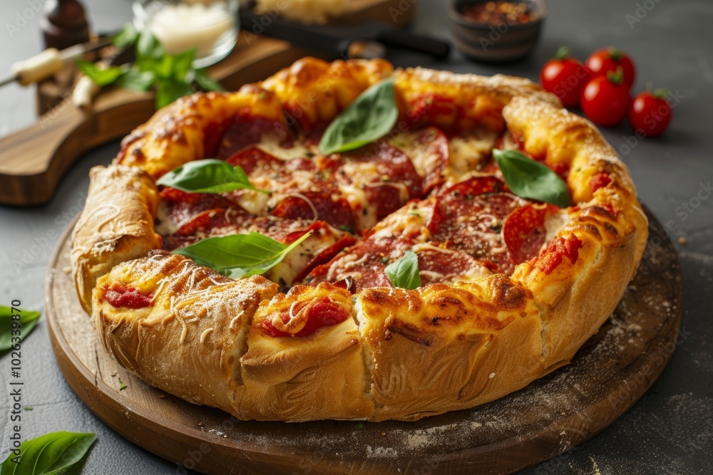 Delicious pepperoni pizza with fresh basil on wooden board Delicious pepperoni pizza with fresh basil on wooden board
