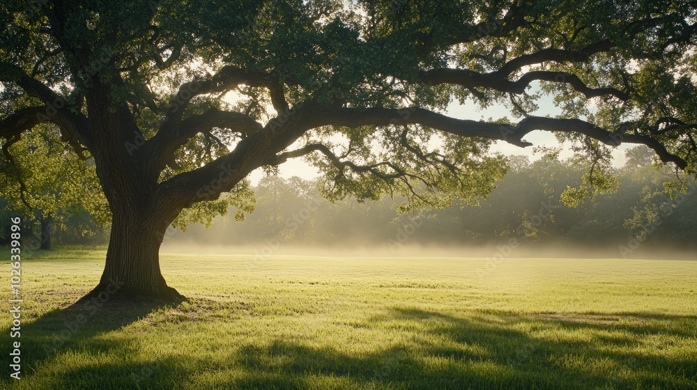 A large oak tree stands in a field of green grass, with the sun shining through its branches, casting a golden glow on the mist. A large oak tree stands in a field of green grass, with the sun shining through its branches, casting a golden glow on the mist.