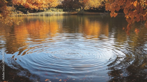 Calm ripples on a still lake surface, surrounded by colorful autumn foliage.