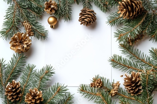 Christmas composition. Paper blank, Christmas tree branches, golden decorations on white background. Flat lay, top view, copy space