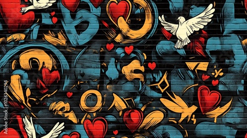 Graffiti-inspired pattern featuring glowing hearts, peace signs, and doves, surrounded by vibrant floral motifs and neon brushstrokes, spray-painted on a rough concrete wall, photo