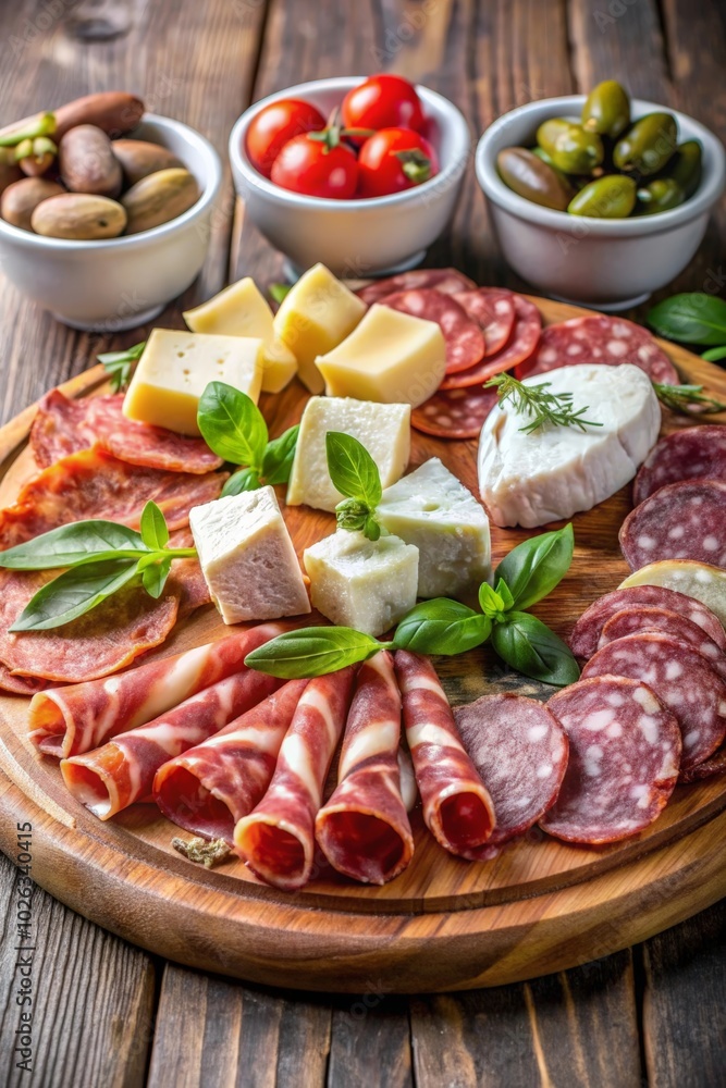Platter featuring salami, prosciutto, and fresh cheese as traditional appetizers. Platter featuring salami, prosciutto, and fresh cheese as traditional appetizers.