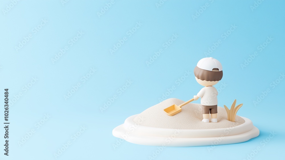 Little Builder's Dream: A charming 3D illustration of a tiny boy in a white cap, diligently digging in a sand pile with a tiny shovel, against a calming blue backdrop. Little Builder's Dream: A charming 3D illustration of a tiny boy in a white cap, diligently digging in a sand pile with a tiny shovel, against a calming blue backdrop.