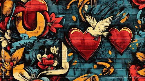 Graffiti-inspired pattern featuring glowing hearts, peace signs, and doves, surrounded by vibrant floral motifs and neon brushstrokes, spray-painted on a rough concrete wall, photo