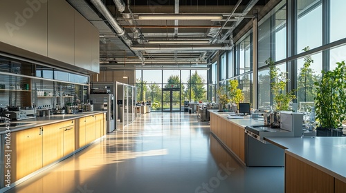 A modern, minimalist office space with large windows, natural light, and wood cabinets.