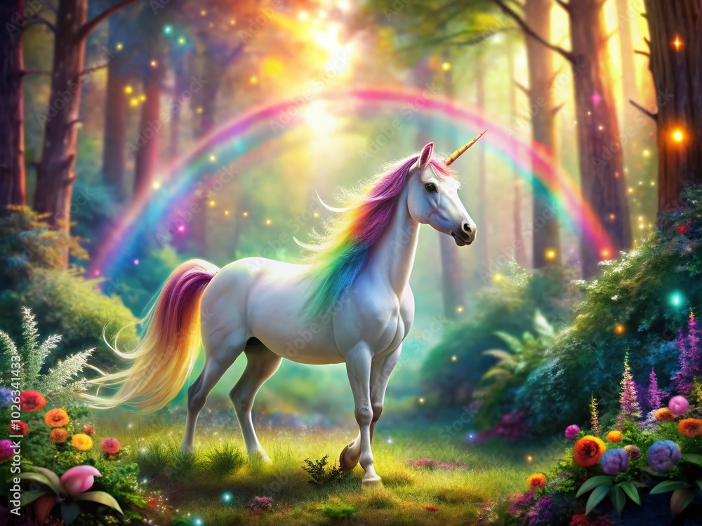 Enchanting Sparkly Unicorn in a Magical Forest with Glittering Background and Colorful Rainbow Effects for Dreamy Decor Enchanting Sparkly Unicorn in a Magical Forest with Glittering Background and Colorful Rainbow Effects for Dreamy Decor