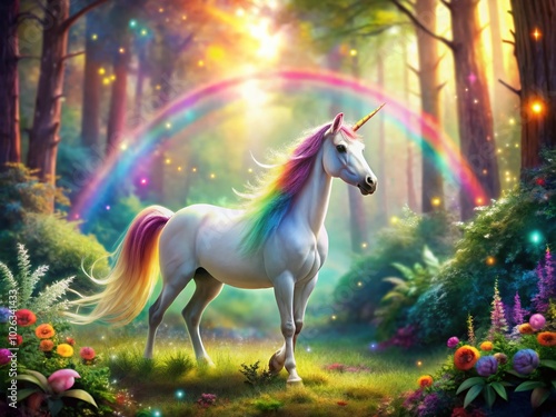 Enchanting Sparkly Unicorn in a Magical Forest with Glittering Background and Colorful Rainbow Effects for Dreamy Decor