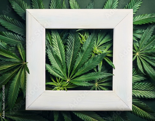 abstract empty white frame in the leaves of marijuana with copy space photo