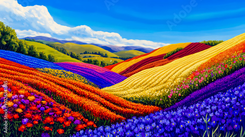 Beautiful colorful landscape showcasing vast fields of blooming flowers in vibrant hues.