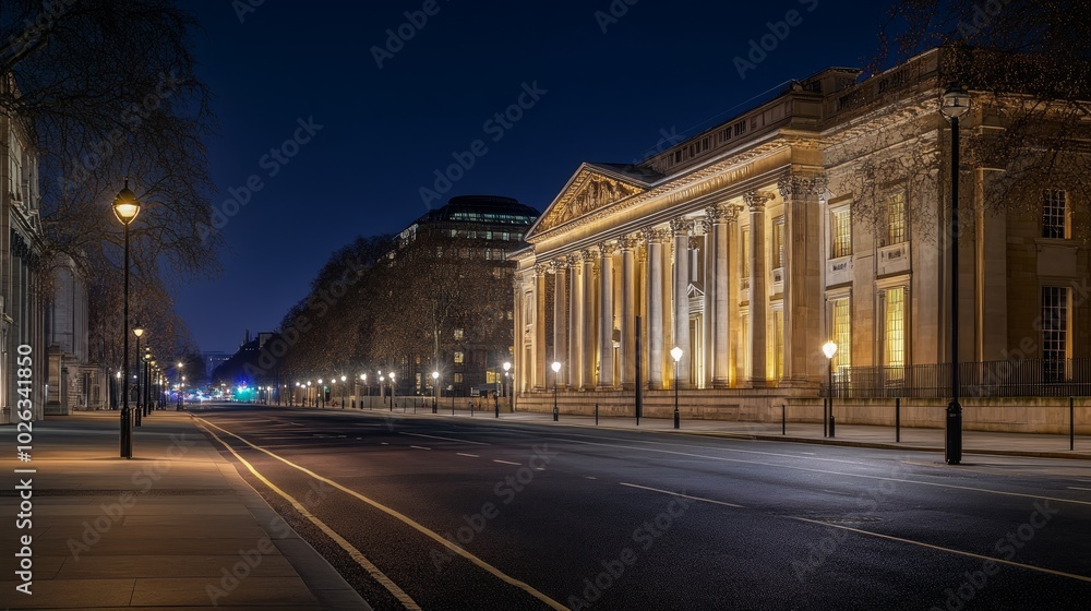 A long, empty street with a classical building illuminated at night. A long, empty street with a classical building illuminated at night.