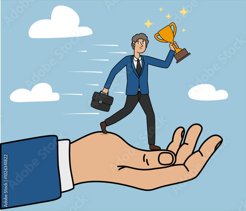 Hand of successful entrepreneur, businessman holding trophy, achieving goals and objectives