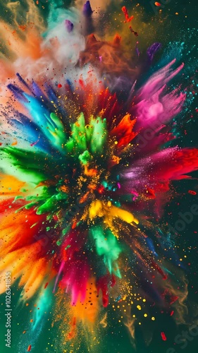 Explosion of vibrant colored powder on dark
