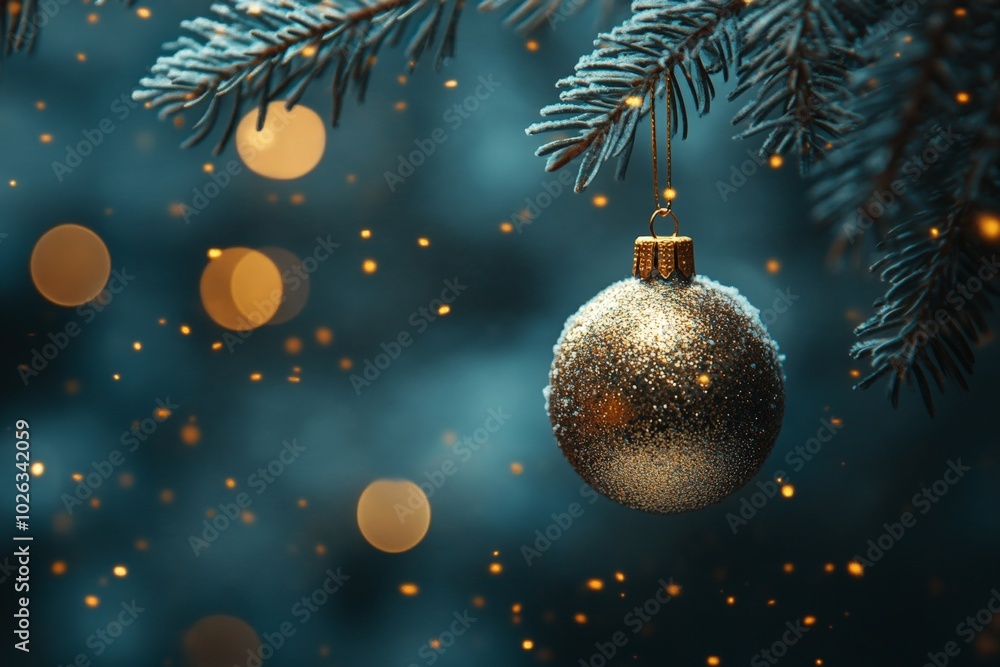 Christmas Tree In Snow Ball Hanging Fir Branch With Golden Glittering On Blue Abstract Night Christmas Tree In Snow Ball Hanging Fir Branch With Golden Glittering On Blue Abstract Night
