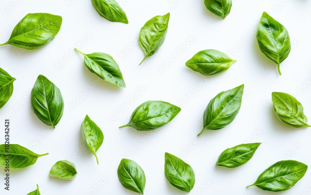 Obraz premium A high-resolution image of fresh, bright green basil leaves isolated on a pure white background.