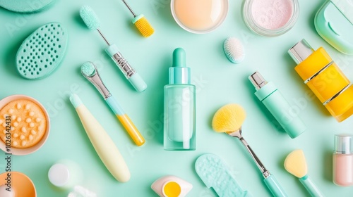 Flat lay of various skincare tools and products, including a facial roller, serum, and scrub, all neatly arranged on a pastel background.