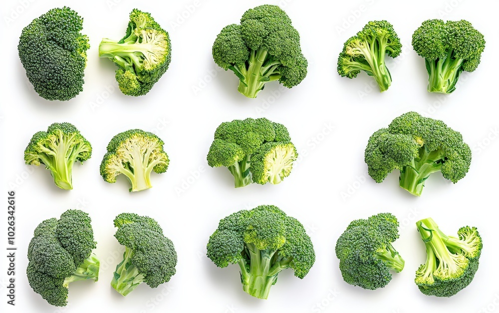 A high-resolution image of fresh, vibrant green broccoli florets isolated on a pure white background. The composition showcases different angles A high-resolution image of fresh, vibrant green broccoli florets isolated on a pure white background. The composition showcases different angles