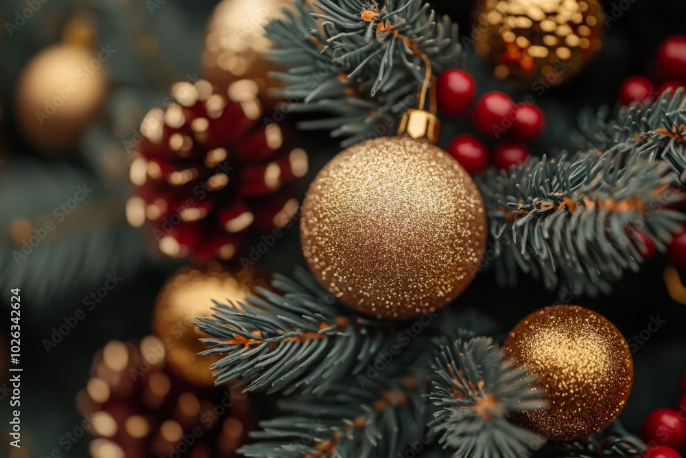 Red and gold Christmas decorations on the Christmas tree Red and gold Christmas decorations on the Christmas tree