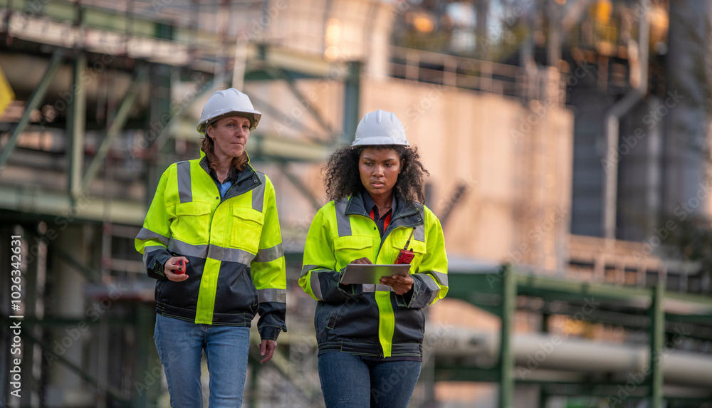 Engineers wearing safety gear, including hard hats examining survey a large blueprint tablet standing industrial facility gas or oil refinery engaged in a job requires high safety standards concept. Engineers wearing safety gear, including hard hats examining survey a large blueprint tablet standing industrial facility gas or oil refinery engaged in a job requires high safety standards concept.