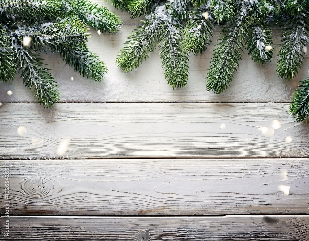 christmas and new year background with fir branches and snowfall on wooden white board christmas and new year background with fir branches and snowfall on wooden white board