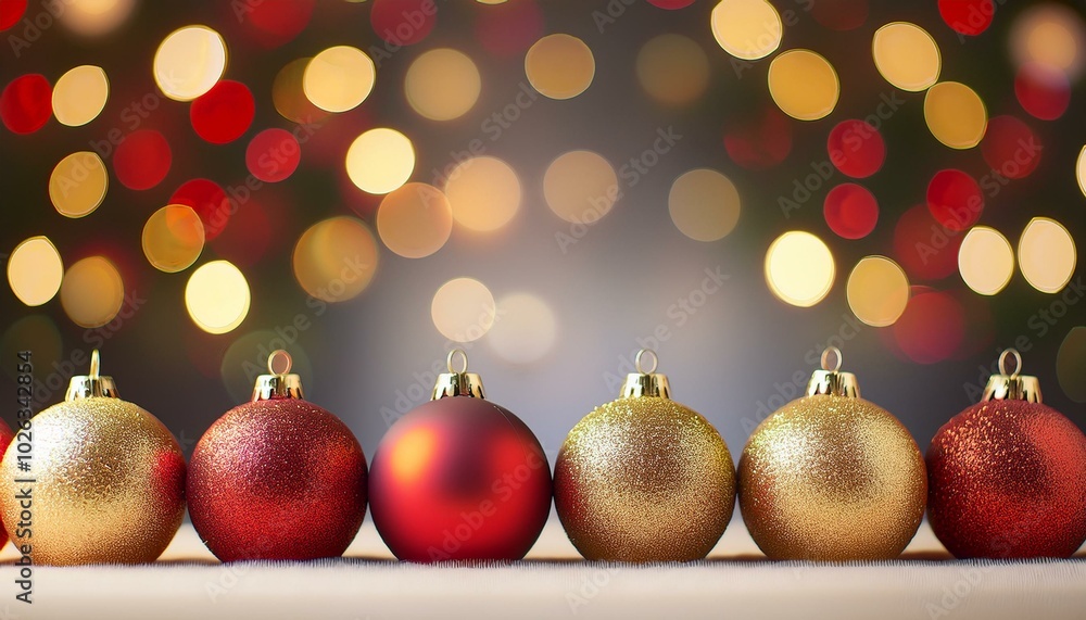 christmas banner with row of golden and red balls on the blurred lights background
