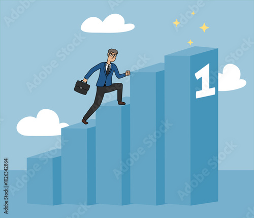 businessman reaching goals, entrepreneur climbing stairs, corporate illustration challenges overcome 