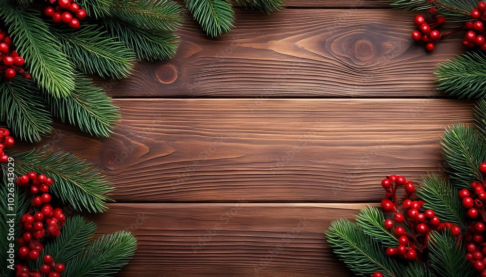 christmas holiday evergreen pine branches border and red berries frame over wood background copy space christmas holiday evergreen pine branches border and red berries frame over wood background copy space