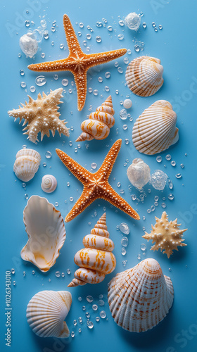 Blue Sea Background with Shells and Starfish, Ocean Summer Vacation Design