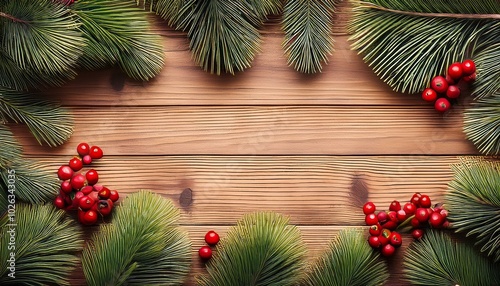 christmas holiday evergreen pine branches border and red berries frame over wood background copy space